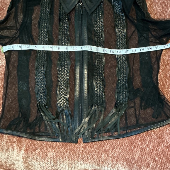 Sheer Black Lace Zip-Front Blouse with Leather Collar and Accent - Picture 5 of 7